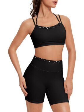 Women Black Solid Doubel Layer Open Back Activewear Sports Bra & Gym Shorts Set